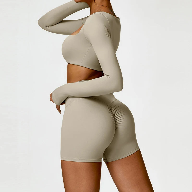 Summer 2‑Piece Women’s Quick‑Dry Yoga Set — Long Sleeve Top and Shorts
