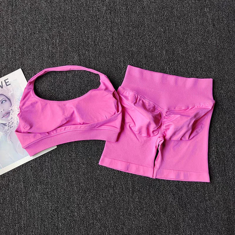 2‑Piece Seamless Halter Yoga Set — Sports Bra and Impact Shorts