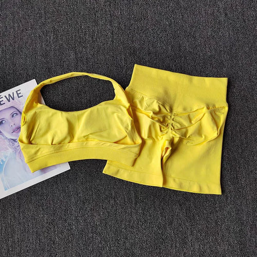 2‑Piece Seamless Halter Yoga Set — Sports Bra and Impact Shorts