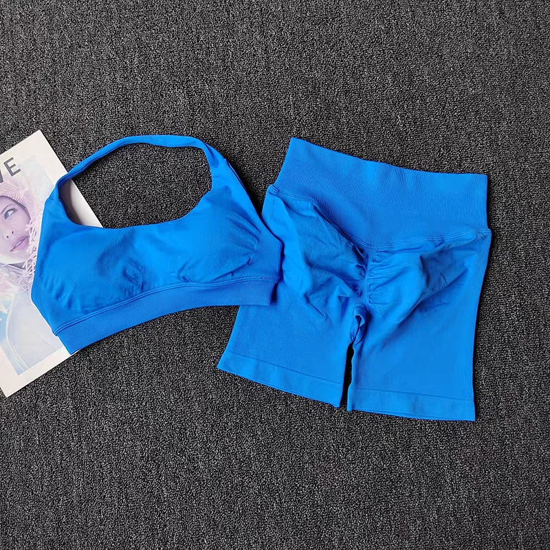 2‑Piece Seamless Halter Yoga Set — Sports Bra and Impact Shorts