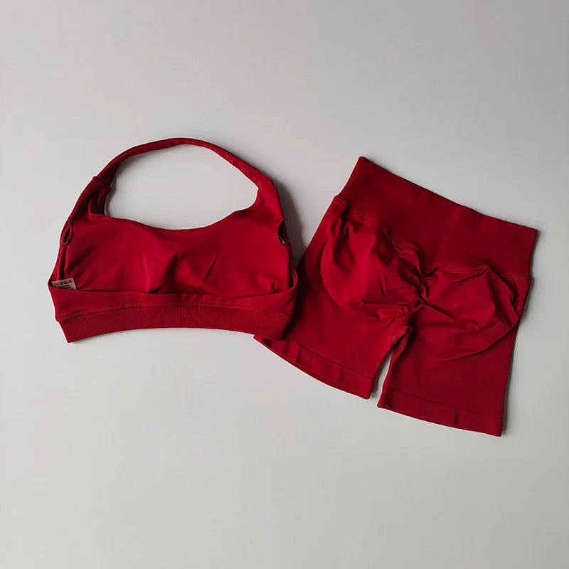2‑Piece Seamless Halter Yoga Set — Sports Bra and Impact Shorts