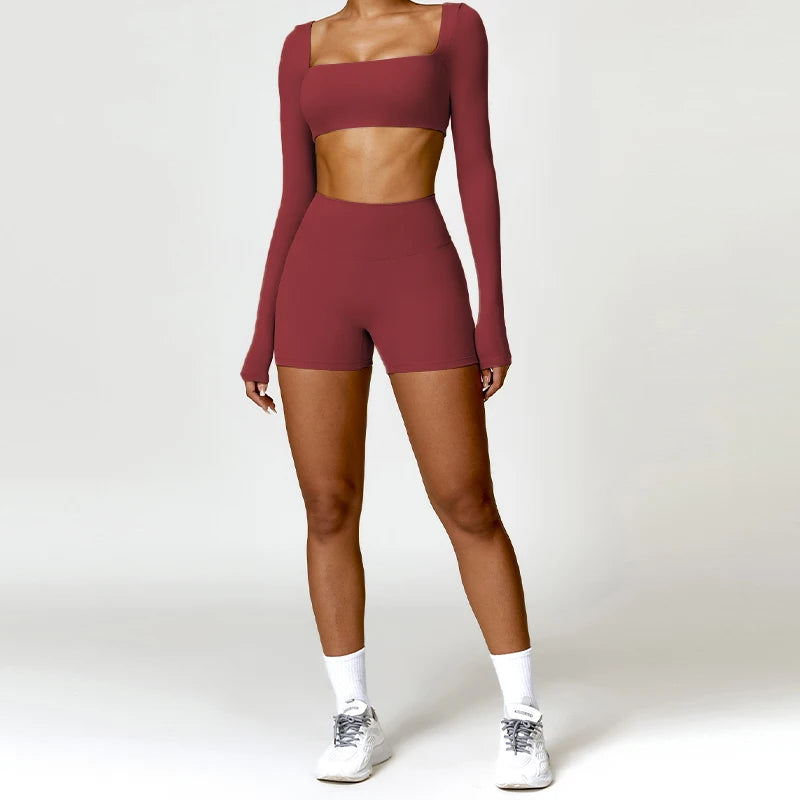 Summer 2‑Piece Women’s Quick‑Dry Yoga Set — Long Sleeve Top and Shorts