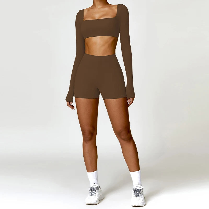 Summer 2‑Piece Women’s Quick‑Dry Yoga Set — Long Sleeve Top and Shorts