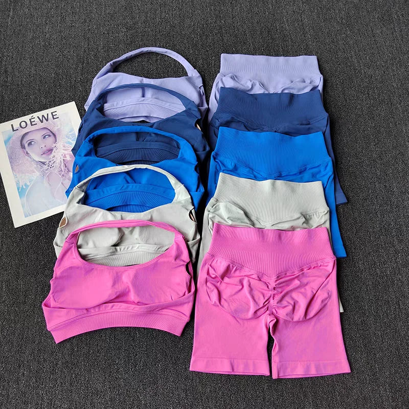 2‑Piece Seamless Halter Yoga Set — Sports Bra and Impact Shorts